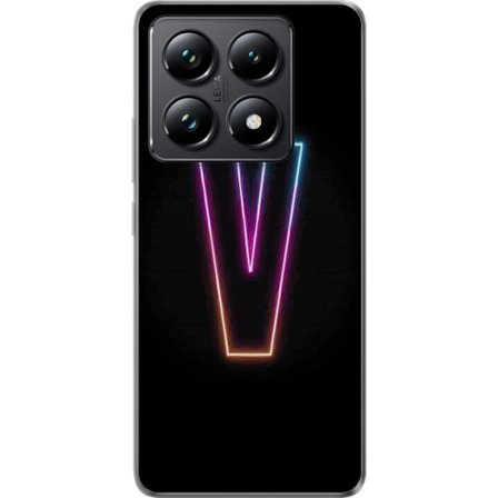 Kompatibel Mobilcover til Xiaomi Xiaomi 14T Pro Neonbogstav V i farvegradueret lys mod sort baggrund, minimalistisk design med tydelig glød og modern