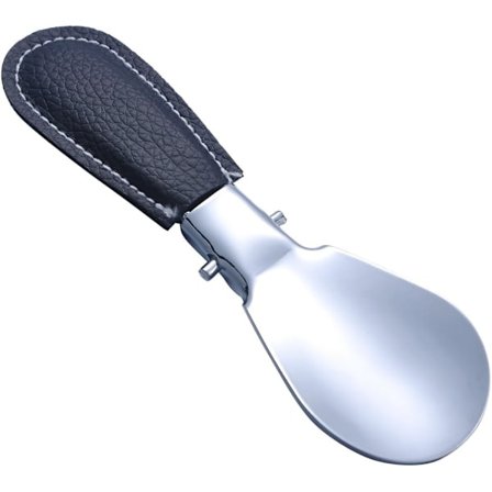 Fällbar skohorn i silverfärgat rostfritt stål och svart läder 12.