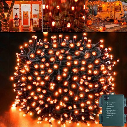 Halloween Lyskæde Orange, 10m 100 LED Julelys Udendørs Batteridrevet 8 Tilstande Vandtæt til Grusom Træ Fest Patio