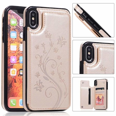 Deksel til iPhone 14 Pro MAX gullpreget sommerfugl dobbel spenne kortholder spor lær