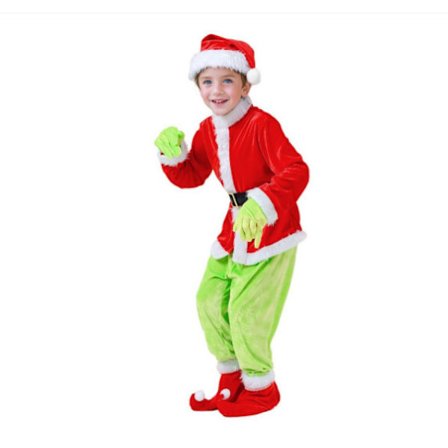 Barn Santa Grinch Kostyme Jul Cosplay Menn Julenisse Maskerade Komplett Sett Kostyme+Maske