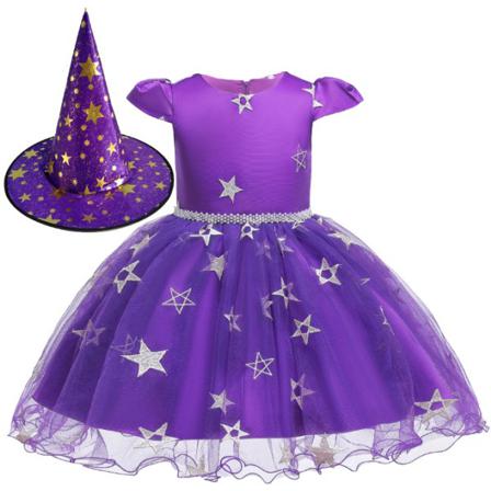 Halloween-kostym Häxhatt Grils Cosplay Dress Up Purple 90cm