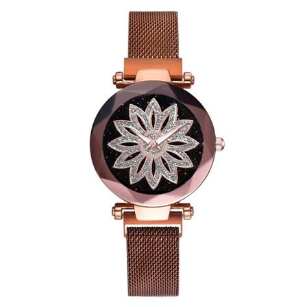 2023 Personlighet Romantisk Stjärnhimmel Kvinnor Magnet Spänne Klockor Mode Dam Rhinestone Flower Steel Mesh Bälte Quartz Watch Brown