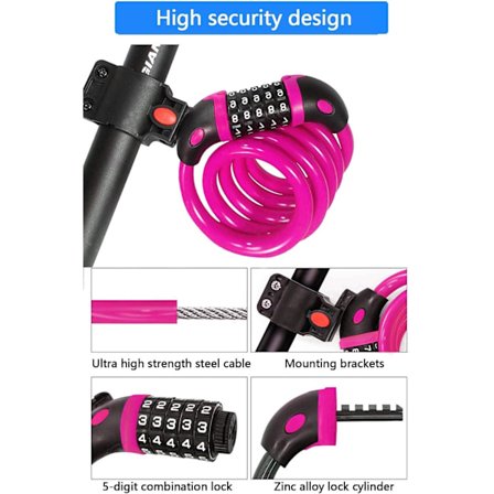 Cykel Lås (Pink), Lang Cykel Lås 120cm x 12mm, Tyverisikker Kabel f