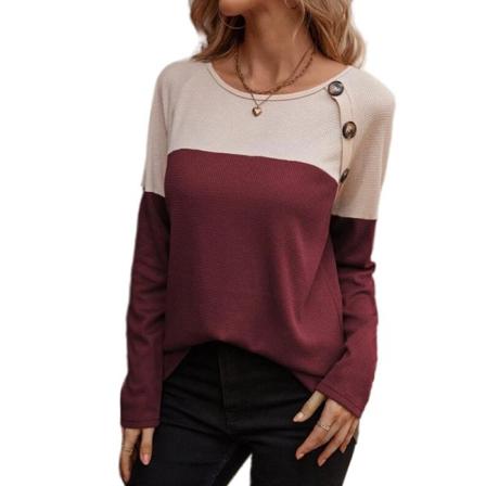 Kvinnor Långärmad Color Block Pullover Crew Neck Waffle T-shirt
