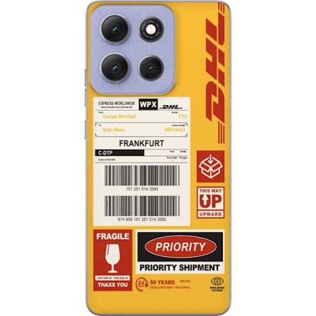 Kompatibelt Gjennomsiktig deksel til Motorola Moto G86 DHL Express fraktetikett design med strekkoder, Frankfurt tekst og logistiktema grafisk motiv