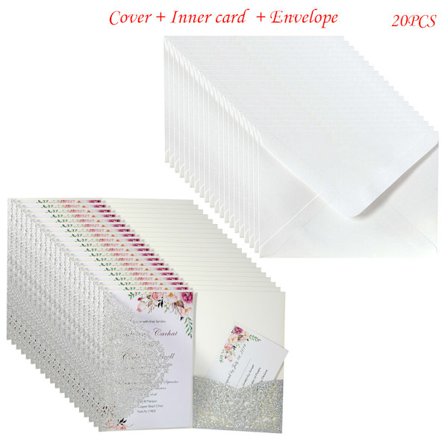 20 stk. Glitter Hul Invitationskort med Kuverter til Bryllupsinvitation Brude