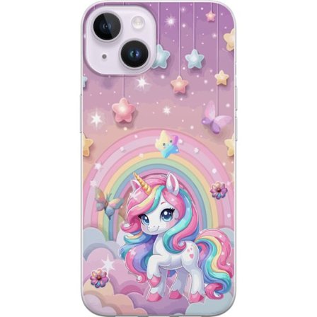 Kompatibel Mobilcover til Apple iPhone 14 Magisk enhjørning med regnbue manke, stjerner og sommerfugle mod en pastelfarvet himmel med skyer