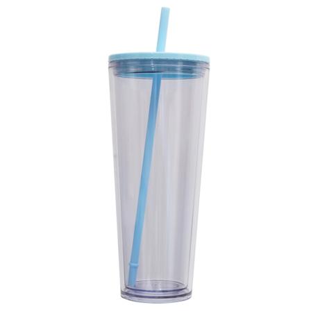 Dobbeltlags kaldtvannskopp i plast, gjennomsiktig drikkekopp, halmkopp med farget lokk light blue