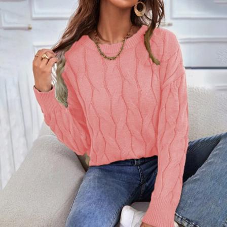 Damer Enfärgad Ribbad Fåll Pullover Crew Neck Stickad Tröja