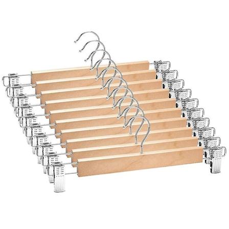 10-pack Träklädhängare med Justerbara Klämmor, Ej Byxhängare, Naturlig Finish, Lotus Trä, Byxhängare
