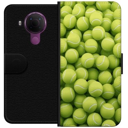 Yhteensopiva Lompakkokotelo Nokia Nokia 5.4 Vihreiden tennispallojen kuvio korkealla tarkkuudella, urheilullinen motiivi toistettavalla tekstuurilla j