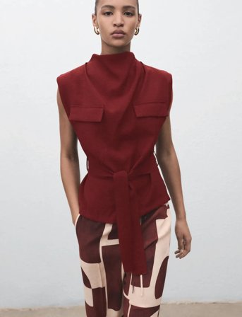Mango Blouse With Draped Neck And Belt - Red - S