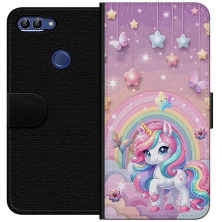Kompatibelt Lommeboketui til Huawei P smart Magisk enhjørning med regnbue manke, stjerner og sommerfugler mot en pastellhimmel med skyer