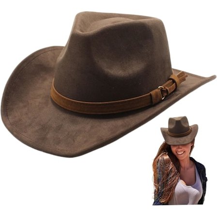 Ruskea cowboy-hattu, leveälierinen cowboy-hattu, lännenhattu, ruskea cowboy-hattu vyöllä, mokkanahkainen cowgirl-hattu miehille ja naisille, 