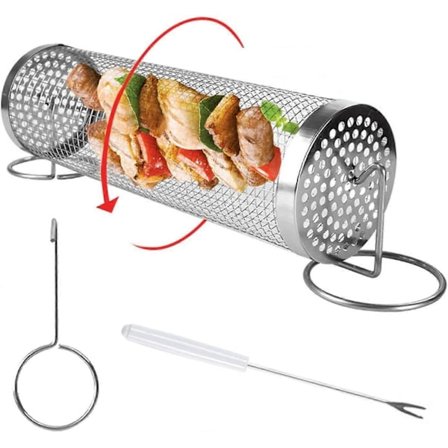 Roterende grillkurvsett, grillkurv i rustfritt stål kompatibel med BBQ, grillkurv med stativ/krok kompatibel med grønnsaker, fisk, kjøtt