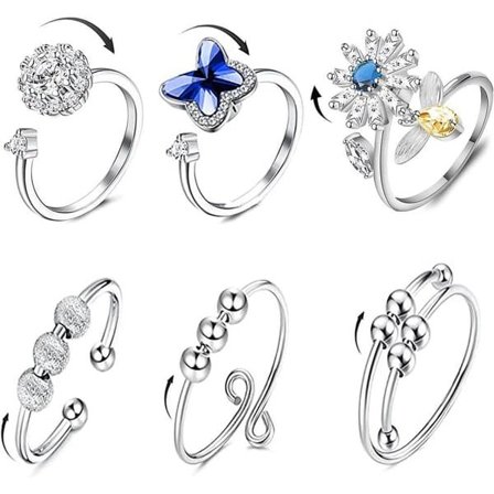 6-pak Justerbar antistressring med roterende perler, Antistress ringe perler, Sølv roterbar antistressring