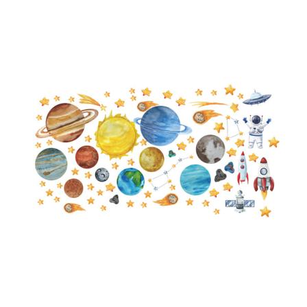 4 tegneseriefargede tegninger av universet, planeter, astronauter,