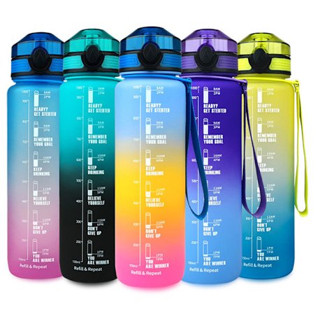 1 liters Stor Vattenflaska med Tidsmarkör Vattenflaska Flip Lock Sportflaska Lila-Blå