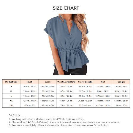 Dam Blus med Knappar V-ringning Volangfåll Casual Topp Kortärmad Skjorta Blå XXL