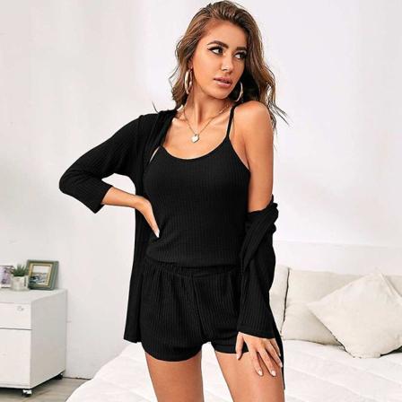 Pyjamasset för kvinnor 3-delat set Ribbstickad Cami-topp och shorts Mjuka nattkläder med Robe Cardigan black L