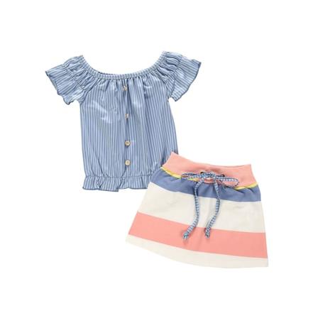 3-9 år jenteantrekk Stripe topper med rund hals + skjørtsett 3-4 Years
