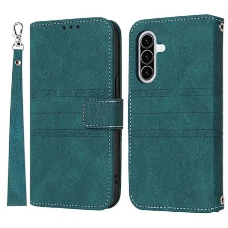 Pung Etui i Skin-Touch Læder med Tryk til Samsung Galaxy A17 5G A26 5G med Håndledsrem Mørkegrøn Sortlig Grøn