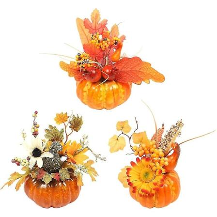 Sett med 3 borddekorasjoner, inkludert kunstig gresskar til Halloween, Thanksgiving og høst