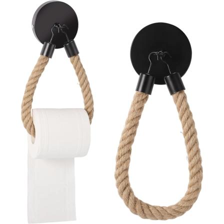 1 stk. reb toaletpapirholder, vintage metal træ vægmonteret toiletpapirholder og hampreb (sort)