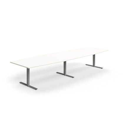 Conference table QBUS, boat shaped, 4000x1200 mm, T-frame, silver frame, white