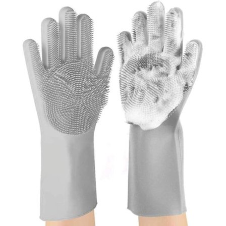 Par rengøringshandsker, genanvendelig silikonebørste, skrubber, varmebestandig til køkken, badeværelse, rengøring, bilvask (grå)