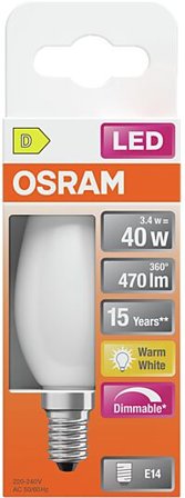 OSRAM Led Lyspære E14 Classic B40 470lm matt Dimbar Varmhvit