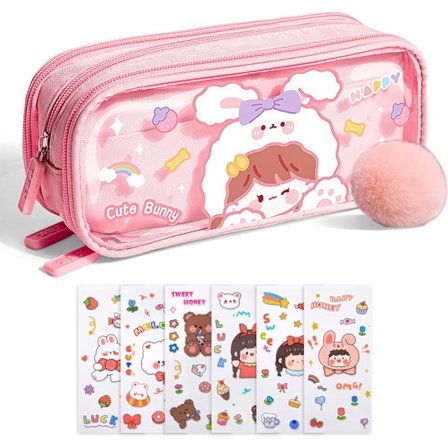 Söpö penaali, ihastuttava pupu, läpinäkyvä 3-kerroksinen suuri penaali, tarvikejärjestäjä ihanilla tarroilla