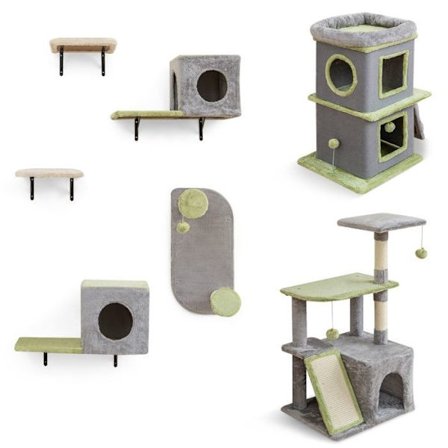 COSTWAY 3-i-1 Væg- og Stående Katte Kradsestativ med Legehus, 3-Niveau Katte Træ, Kradsestolper, Slyngebold