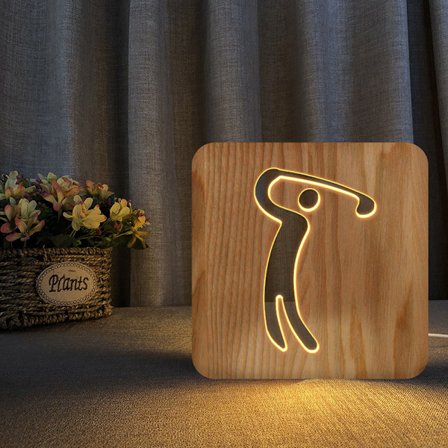 Golf-aiheinen puinen 3D-lamppu, yövalo, luova puinen valaisin, yksinkertainen koristeellinen valaisin, 3D-puuveistoskuvio, LED-yövalo työpöydälle