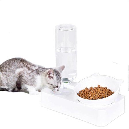 Kattesæt med vand- og madskål, aftagelig kattefoderskål, automatisk vanddispenser med vandflaske, kæledyrsfoderautomat til kat, hund eller kanin