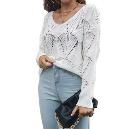 Höst-Vinter Enfärgad Ihålig V-ringad Långärmad Stickad Tröja Vit S CDQ