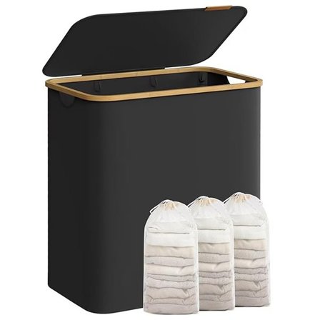 Stor skittentøyskurv med lokk og 3 rom - Svart