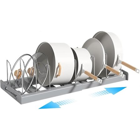 Panneorganisator, Panne- og gryteorganisator for skuff, utvidbart oppbevaringsstativ for kjøkkenutstyr med 10 rom