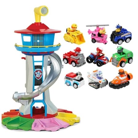Paw Patrol Tower Big Patrol Sæt, inklusive hunde, køretøjer og figurer, en perfekt fødselsdagsgave til drenge.