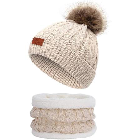 Baby Warm Hat Scarf Set Med Fur Pom Pom