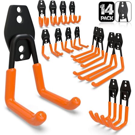14 st Garageväggkrokar, Garageförvaring, Starka stålväggkrokar för stege, cyklar, rör, elverktyg (Orange)
