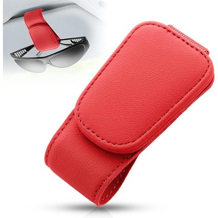 Magnetisk solbrilleholder i skinn, klips for solbriller til bilens solskjerm, passer til solbriller i forskjellige størrelser (rød)