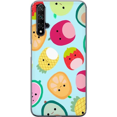 Yhteensopiva Puhelinkuori Huawei nova 5T Kawaii-hedelmien kuvioita, kuten mansikkaa, sitruunaa, ananasta ja avokadoa vaaleansinisellä taustalla