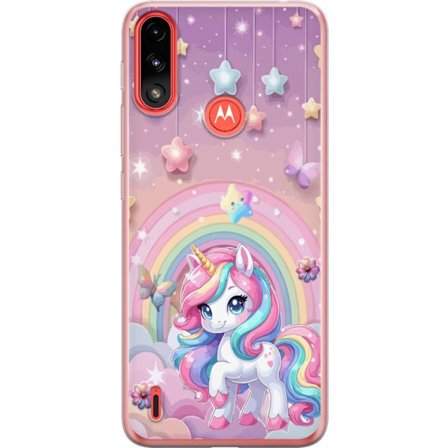Kompatibel Mobilcover til Motorola Moto E7 Power Magisk enhjørning med regnbue manke, stjerner og sommerfugle mod en pastelfarvet himmel med skyer