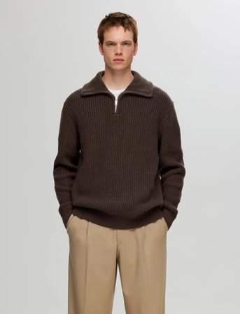 Selected Slhland Ls Knit Half Zip - Brown - XL