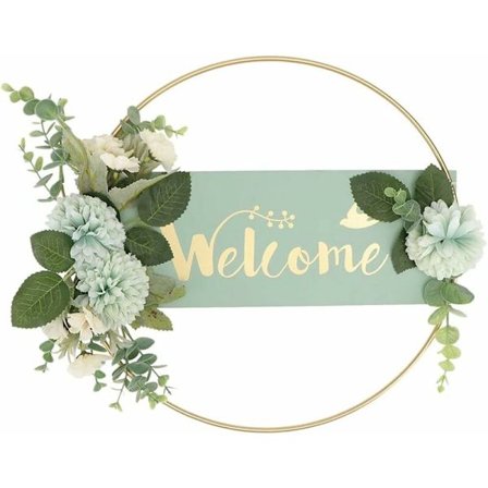 Metall Velkommen Skilt Eukalyptus Krans Dør Krans Vegg Krans Metall Ringer Bryllup Dør Skilt for Veggdekor (Grønn)