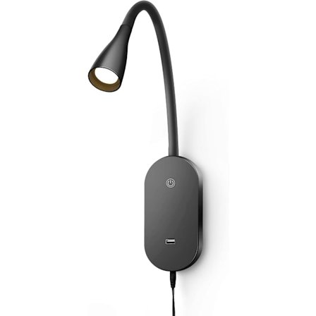 Vegglampe for lesing, boklampe for lesing i sengen, berøringskontroll USB-utgang moderne leselampe, 5 dimbare LED fleksibel svanehals 4000k, svart