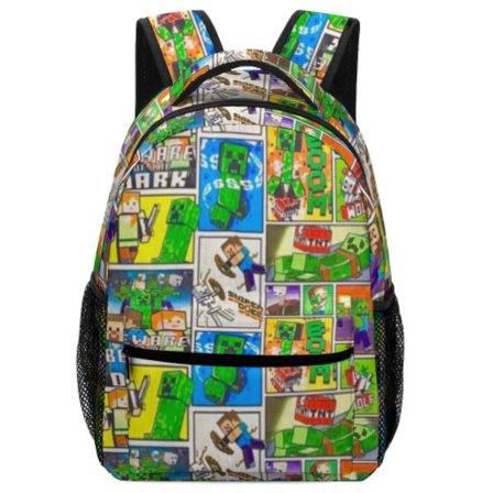 Minecraft Drenge Rygsæk | Sort Børne Rygsæk | Grøn Creeper, Zombie Skelet, Enderman og Huleedderkop Mønstre