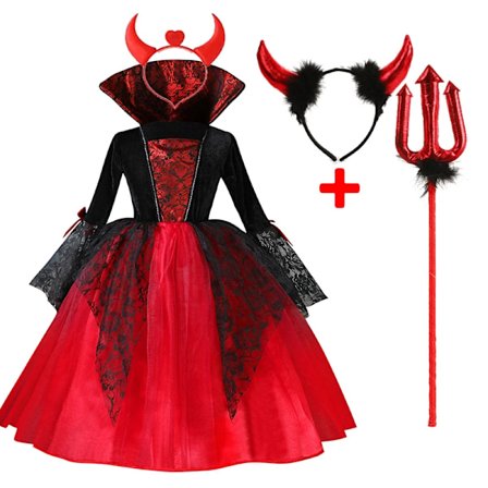 2024 Pige Cosplay Vampyr Halloween Kjole Til Børn Spøgelsesbrud Gotisk Kostume Grev Vampiran Karneval Outfit Sort Rød Tøj 4 STK Spøgelsesbrud D